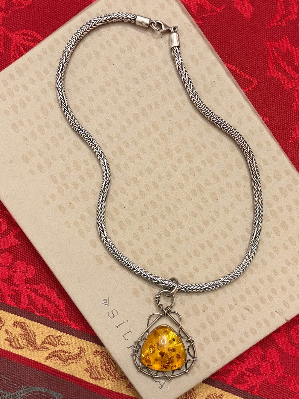 Rare Vintage Silpada Sterling Silver Omega Chain Amber Pendant Necklace